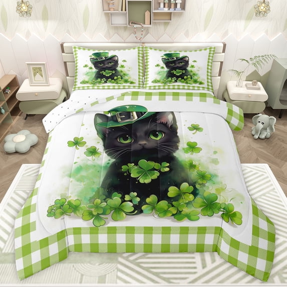 Feelyou Cat Kitten Queen Comforter Set, St. Patrick's Day Shamrock Bedding Set, 3pcs