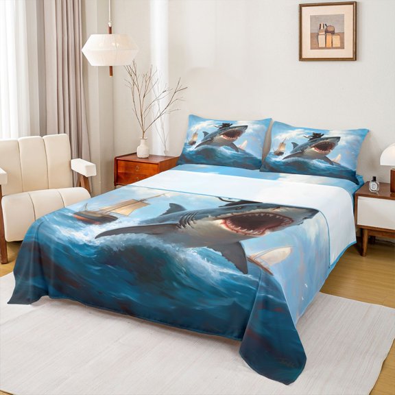 Feelyou Cat Riding Shark Bed Sheets for Kids Boys Girls, Summer Holiday Coastal Animal King Sheets, Sky Blue, 4 Pieces