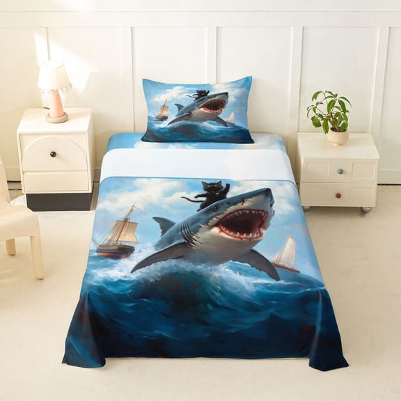 Feelyou Cat Riding Shark Twin Sheet Sets for Kids Boys Girls, Summer Holiday Coastal Animal Bedding, Sky Blue, 3 Pieces