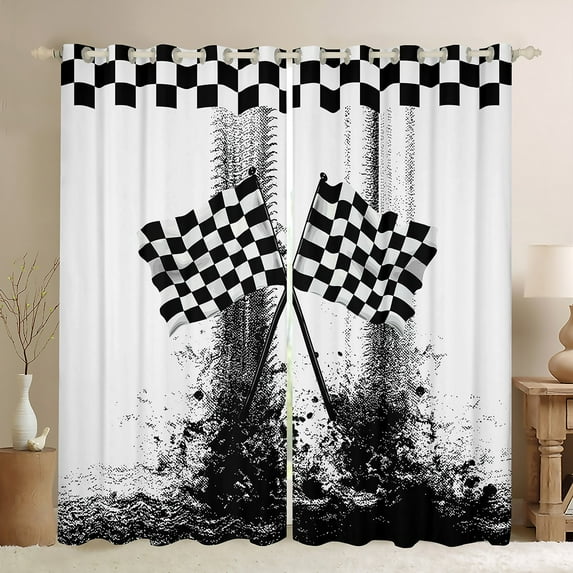Feelyou Checkered Flag Teens Blackout Curtains Set of 2 (52x84 Each), Black White Buffalo Plaid Window Curtains, Modern Race Car Sports Curtains and Drapes, Blackout Curtains Bedroom Decor
