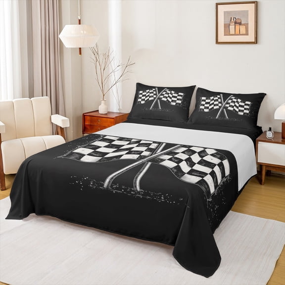 Feelyou Checkered Flag Teens Queen Sheet Sets, Black White Buffalo Plaid Flat Sheet, Modern Race Car Sports Queen Fitted Sheet, Luxury Bedroom Decor, 4pcs