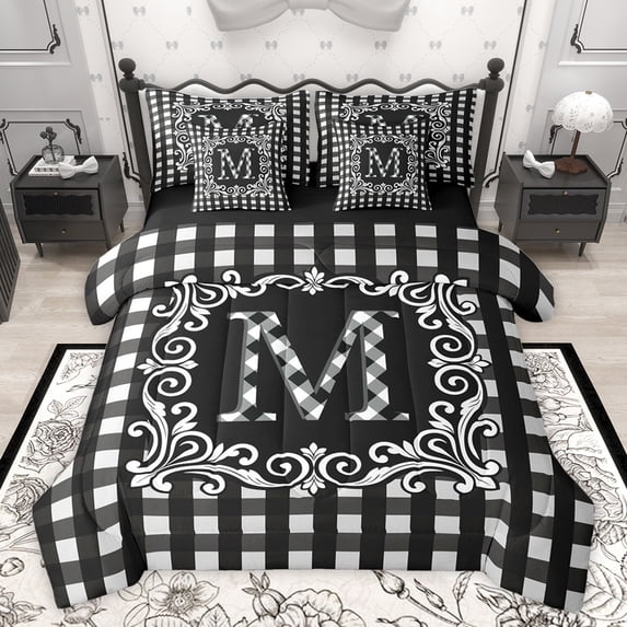 Feelyou Checkered Letter M Bedding Comforter Set 7pcs for Kids, Black White Buffalo Plaid King Bedding Sets, Retro Damask Floral Reversible Bed Sheets, Breathable Home Decor
