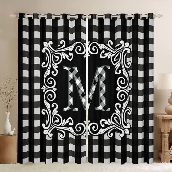 Feelyou Checkered Letter M Black Out Curtains for Kids, Black White Buffalo Plaid Curtains Pack of 2 (42x63 Each), Retro Damask Floral Bedroom Curtains, Window Curtains Home Decor