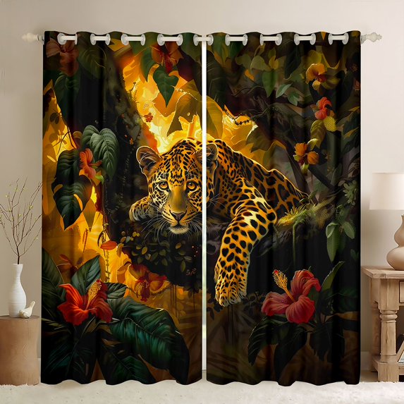 Feelyou Cheetah Leopard Black Out Curtains, Flower Leaves Curtains Pack of 2 (42x63 Each)