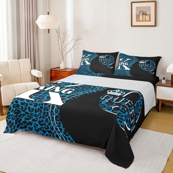 Feelyou Cheetah Leopard Print Bed Sheets, Couple Romantic Crown King Sheets, Black Blue Sheet Set, Luxury Bedroom Decor,4-Piece