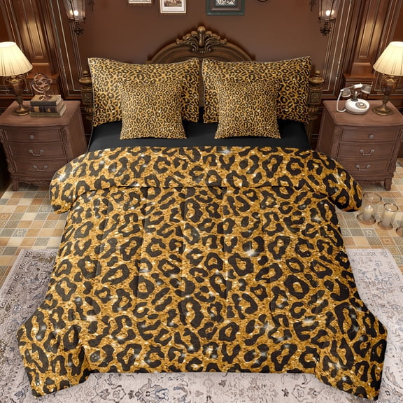 Feelyou Cheetah Leopard Print Bedding Comforter Set 7 Pieces, Gold Bling Art Full Bedding Set, Chic Polka Dot Abstract Reversible Fitted Sheet Flat Sheet, Lightweight Room Decor