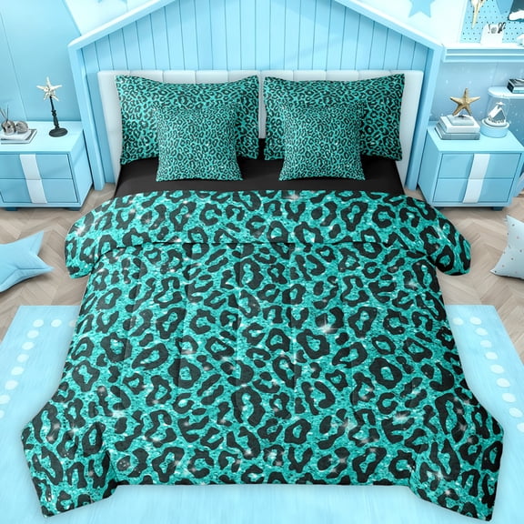 Feelyou Cheetah Leopard Print Bedding Comforter Set 7pcs, Blue Bling Art King Bedding Sets, Chic Polka Dot Abstract Reversible Bed Sheets, Breathable Home Decor