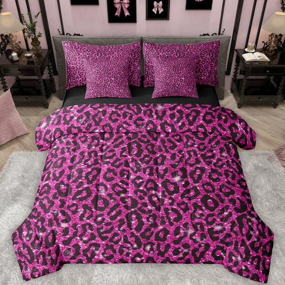 Feelyou Cheetah Leopard Print Bedding Comforter Set 7pcs, Fuchsia Bling Art Queen Bedding Sets, Chic Polka Dot Abstract Reversible Queen Sheet Sets, Luxury Bedroom Decor