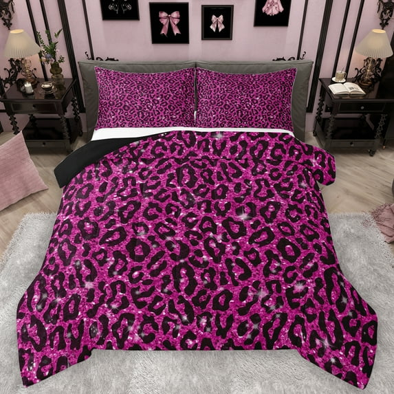 Feelyou Cheetah Leopard Print Bedding Comforter Set, Fuchsia Bling Art Twin Comforter Sets, Chic Polka Dot Abstract Reversible Bedding Set, Luxury Bedroom Decor, 2pcs