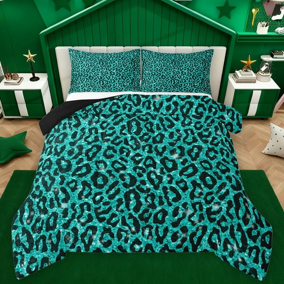Feelyou Cheetah Leopard Print Full Size Comforter Sets, Blue Bling Art Bedding Comforter Set, Chic Polka Dot Abstract Reversible Bedding Sets, Breathable Home Decor, 3pcs