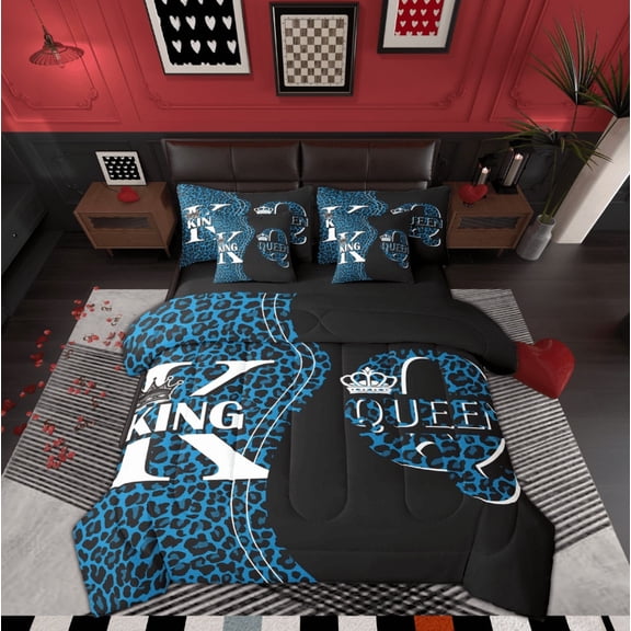 Feelyou Cheetah Leopard Print Twin Bedding Sets 7-Piece, Couple Romantic Crown Bedding Comforter Set, Black Blue Reversible Sheet Sets, Luxury Bedroom Decor