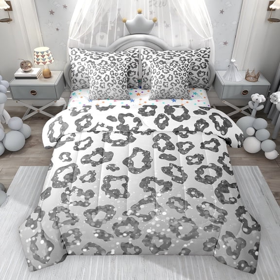 Feelyou Cheetah Leopard Print Twin Bedding Sets 7pcs, Grey Glitter Diamond Comforter Set