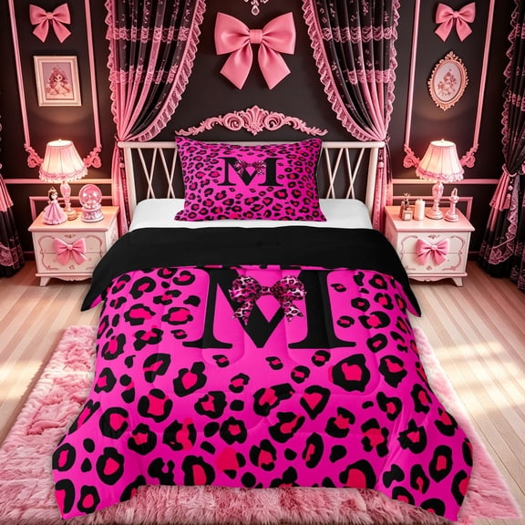 Feelyou Cheetah Print Bowknot Twin Comforter Sets for Women Girls, Bow Monogrammed M 02, Hot Pink, Black Reversible, 2-Piece, 1 Comforter and 1 Pillowcase