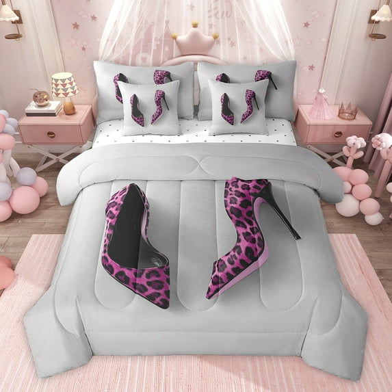 Feelyou Cheetah Print High Heel Twin Bedding Sets 7-Piece for Adult, Romantic Beauty Women Bedding Comforter Set, Pink Fashion Style Reversible Sheet Sets, Lightweight Room Decor