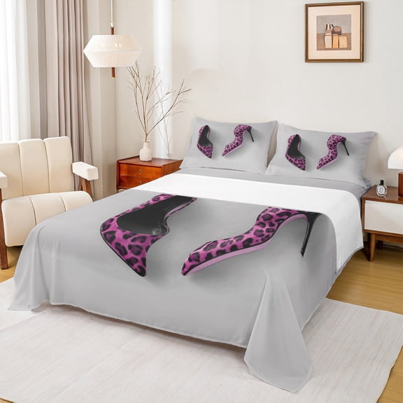 Feelyou Cheetah Print High Heel Twin Sheet Sets for Adult, Romantic Beauty Women Twin Fitted Sheet, Pink Fashion Style Flat Sheet, Lightweight Room Decor, 3pcs
