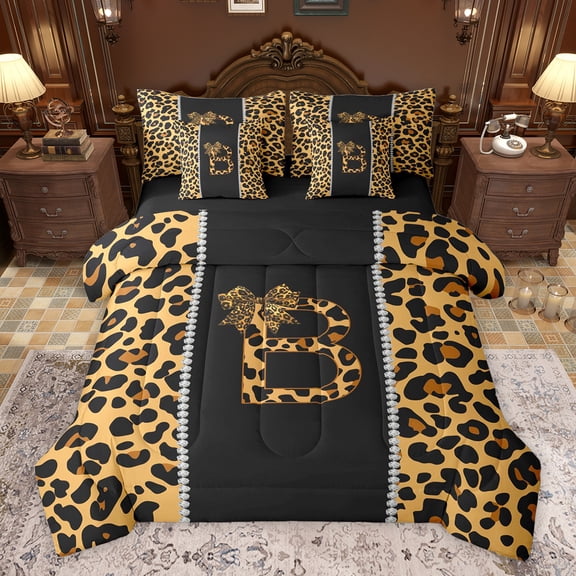 Feelyou Cheetah Print Letter B Bedding Comforter Set 7pcs, Chic Brown Bowknot Ribbon Queen Bedding Sets, Leopard Wildlife Animal Reversible Queen Sheet Sets, Super Cozy Room Decor
