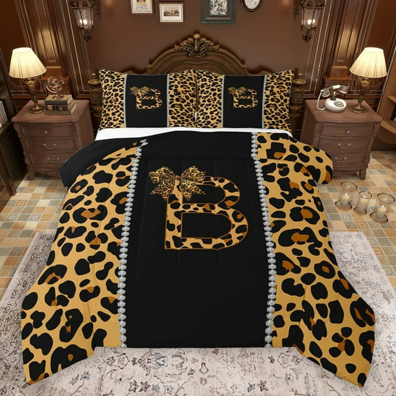 Feelyou Cheetah Print Letter B Bedding Comforter Set, Chic Brown Bowknot Ribbon Twin Comforter Sets, Leopard Wildlife Animal Reversible Bedding Set, Super Cozy Room Decor, 2-Piece