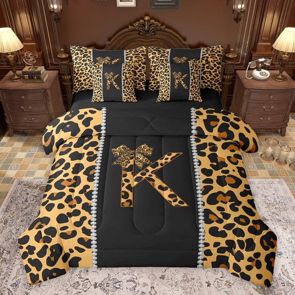 Feelyou Cheetah Print Letter K Bedding Comforter Set 7pcs, Chic Brown Bowknot Ribbon King Bedding Sets, Leopard Wildlife Animal Reversible Bed Sheets, Microfiber Bedroom Decor