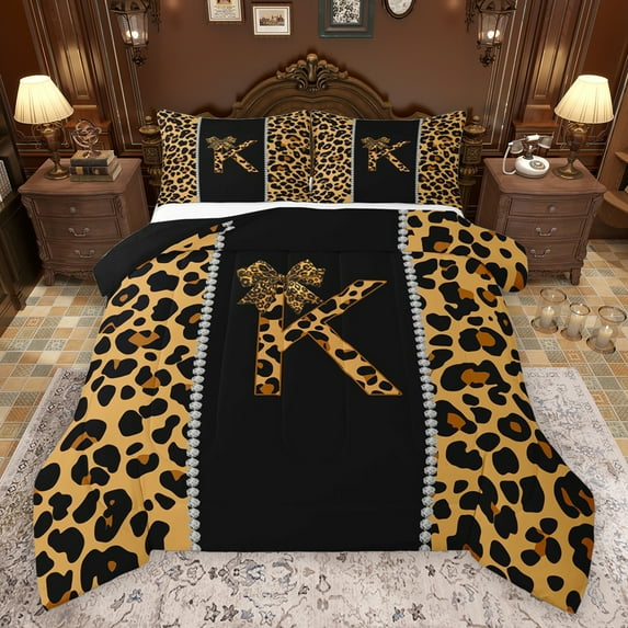 Feelyou Cheetah Print Letter K Bedding Comforter Set, Chic Brown Bowknot Ribbon Twin Comforter Sets, Leopard Wildlife Animal Reversible Bedding Set, Microfiber Bedroom Decor, 2-Piece