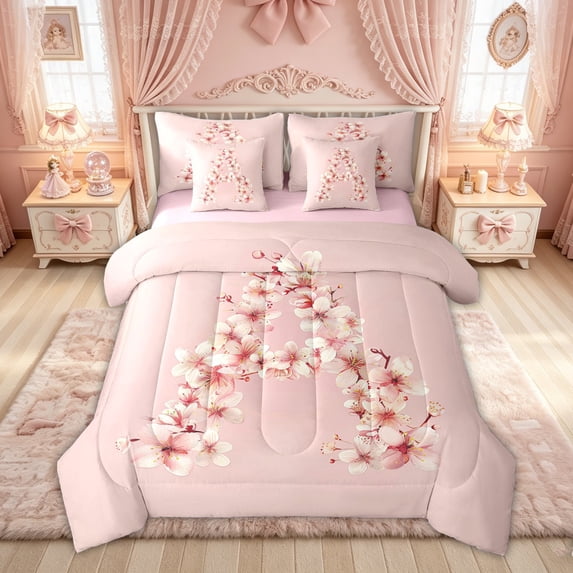 Feelyou Cherry Blossom Letter A Print Bedding Comforter Set for Girls, Floral Monogram King Bedding Sets, Pink Reversible, 7 Pieces