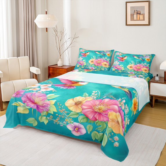 Feelyou Cherry Blossoms Flower Bed Sheets, Kawaii Hummingbird Animal King Sheets, Retro Chinese Style Sheet Set, Ultra Soft Bedroom Decor, 4 Pieces