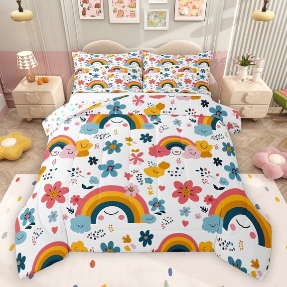 Feelyou Cherry Blossoms Kids Bedding Comforter Set, Kawaii Floral Flower Twin Comforter Sets, Cartoon Rainbow Reversible Bedding Set, Lightweight Room Decor, 2pcs