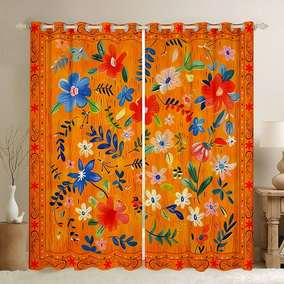Feelyou Cherry Blossoms Teens Curtains Pack of 2 (42x84 Each), Orange Flower Floral Curtains Blackout, Retro Rustic Fashion Bedroom Curtains, Curtains and Drapes Room Decor