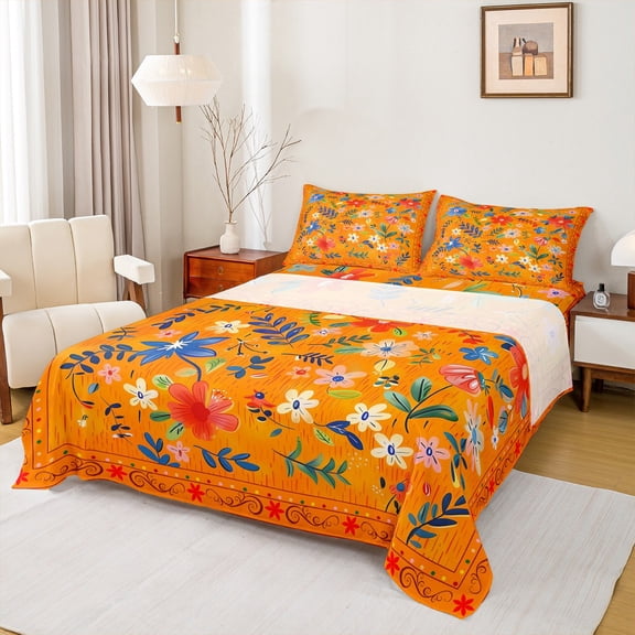 Feelyou Cherry Blossoms Teens Twin Sheet Sets, Orange Flower Floral Twin Fitted Sheet, Retro Rustic Fashion Flat Sheet, Lightweight Room Decor, 3-Piece