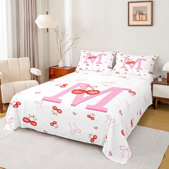Feelyou Cherry Letter M Queen Sheet Sets for Girls, Fruit Bow Bed Set, Pink, 4 Pieces