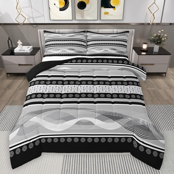 Feelyou Chic Abstract Grey Bedding Comforter Set for Men, Modern Art Striped Twin Comforter Sets, Contemporary Aesthetic Reversible Bedding Set, Lightweight Room Decor, 2 Pieces