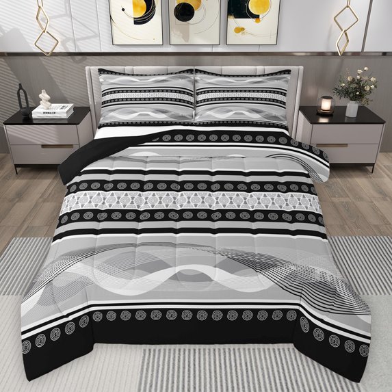 Feelyou Chic Abstract Grey Queen Comforter Set for Men, Modern Art Striped Bedding Sets, Contemporary Aesthetic Reversible Bedding Comforter Set, Lightweight Room Decor, 3 Pieces