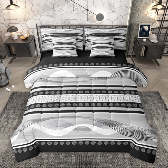 Feelyou Chic Abstract Grey Twin Bedding Sets 7-Piece for Men, Modern Art Striped Bedding Comforter Set, Contemporary Aesthetic Reversible Sheet Sets, Lightweight Room Decor