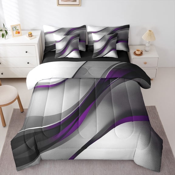 Feelyou Chic Abstract Striped Bedding Comforter Set 7pcs, Fashion Geometric Queen Bedding Sets, Teen Kid Child Adult Reversible Queen Sheet Sets, Luxury Bedroom Decor