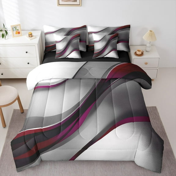 Feelyou Chic Abstract Striped Twin Bedding Sets 7-Piece, Fashion Geometric Bedding Comforter Set, Teen Kid Child Adult Reversible Sheet Sets, Microfiber Bedroom Decor