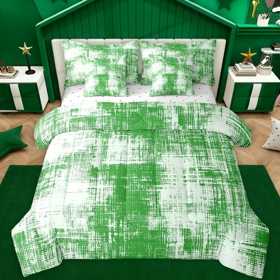 Feelyou Chic Art Abstract Bedding Comforter Set 7pcs for Adult, Modern Fashion Stripes King Bedding Sets, Green Watercolor Reversible Bed Sheets, Ultra Soft Bedroom Decor