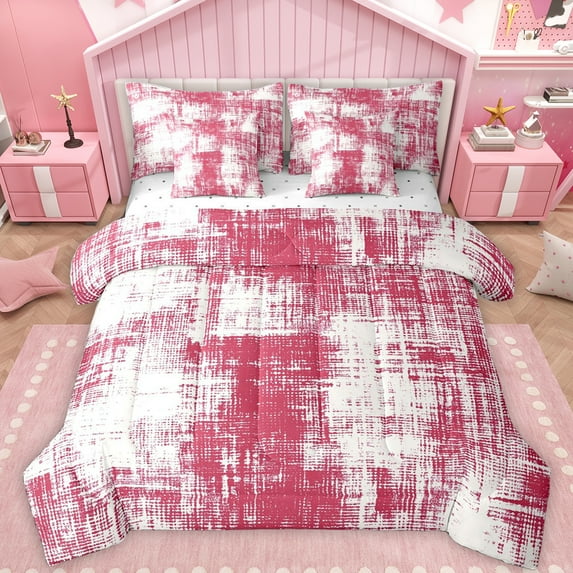 Feelyou Chic Art Abstract Twin Bedding Sets 7-Piece for Adult, Modern Fashion Stripes Bedding Comforter Set, Red Watercolor Reversible Sheet Sets, Lightweight Room Decor