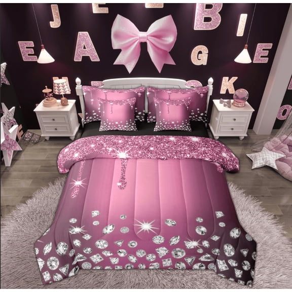 Feelyou Chic Bling Diamond Bedding Comforter Set 7 Pieces, Princess Pink Sequin Print Full Bedding Set, Modern Fashion Reversible Fitted Sheet Flat Sheet, Breathable Home Decor