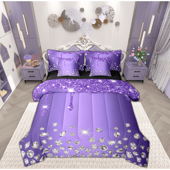 Feelyou Chic Bling Diamond Bedding Comforter Set 7 Pieces, Purple Sequin Print Full Bedding Set, Modern Fashion Reversible Fitted Sheet Flat Sheet, Luxury Bedroom Decor