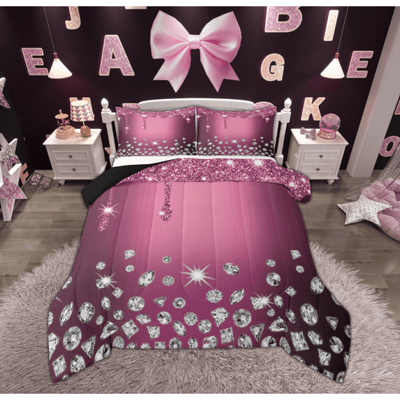Feelyou Chic Bling Diamond Bedding Comforter Set, Princess Pink Sequin Print Twin Comforter Sets, Modern Fashion Reversible Bedding Set, Breathable Home Decor, 2-Piece