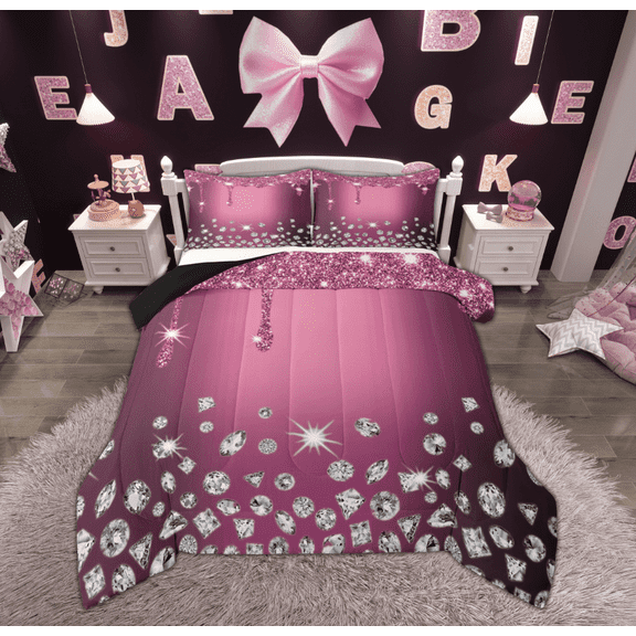 Feelyou Chic Bling Diamond Full Size Comforter Sets, Princess Pink Sequin Print Bedding Comforter Set, Modern Fashion Reversible Bedding Sets, Breathable Home Decor, 3-Piece