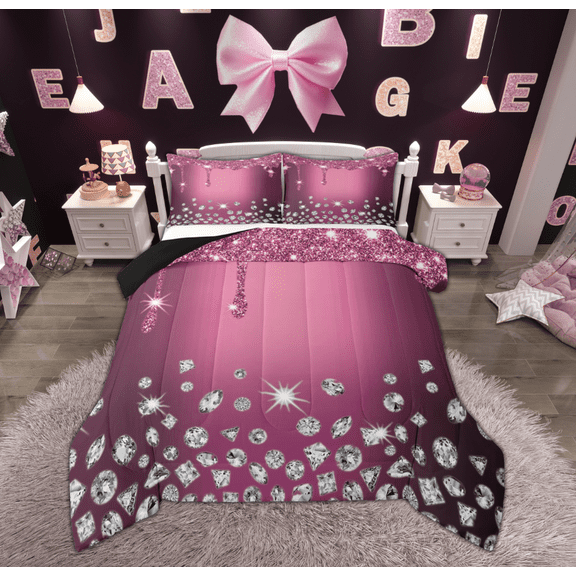 Feelyou Chic Bling Diamond Queen Comforter Set, Princess Pink Sequin Print Bedding Sets, Modern Fashion Reversible Bedding Comforter Set, Breathable Home Decor, 3-Piece
