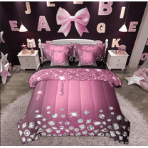 Feelyou Chic Bling Diamond Twin Bedding Sets 7-Piece, Princess Pink Sequin Print Bedding Comforter Set, Modern Fashion Reversible Sheet Sets, Breathable Home Decor