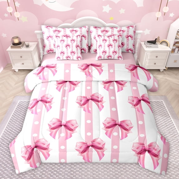 Feelyou Chic Bow-tie Kids Bedding Comforter Set 7pcs, Watercolor Pink Bowknot King Bedding Sets, Kawaii Princess Style Reversible Bed Sheets, Lightweight Room Decor