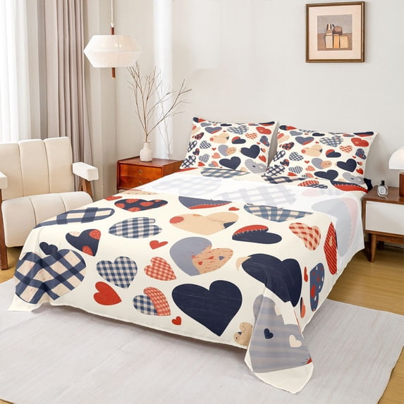 Feelyou Chic Buffalo Plaid Queen Sheet Sets, Romantic Love Heart Flat Sheet, Kawaii Cartoon Style Queen Fitted Sheet, Luxury Bedroom Decor, 4-Piece