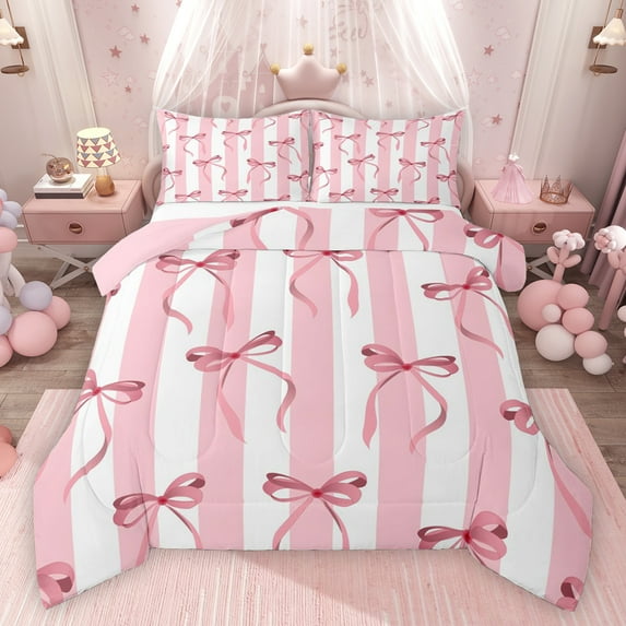 Feelyou Chic Cartoon Bowknot Full Size Comforter Sets for Kid, Fashion Watercolor Bow Bedding Comforter Set, Pink Stripes Lines Reversible Bedding Sets, Ultra Soft Bedroom Decor, 3pcs