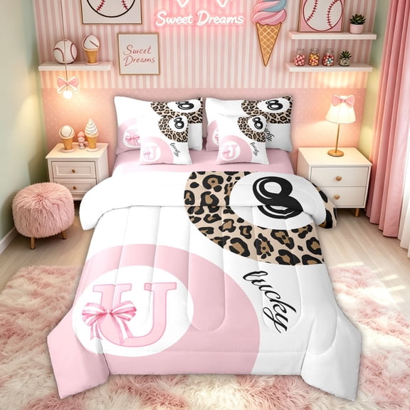 Feelyou Chic Cheetah Print 8 Full Size Bedding Sets for Girls, Coquette Bowknot Letter U Full Size Bed in a Bag, Pink Reversible, 7 Pieces