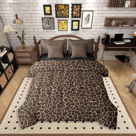Feelyou Chic Cheetah Print Bedding Comforter Set 7pcs, Brown King Bedding Sets