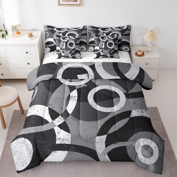 Feelyou Chic Circle Abstract Bedding Comforter Set 7-Piece, Modern Minimalism King Bedding Sets, Fashion Geometric Stripes Bed Sheets, Ultra Soft Home Decor