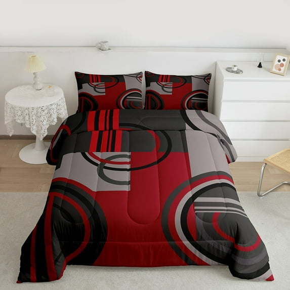 Feelyou Chic Circle Abstract Bedding Comforter Set, Black Red Minimalism Twin Comforter Sets, Fashion Geometric Stripes Bedding Set, Breathable Home Decor, 2-Piece