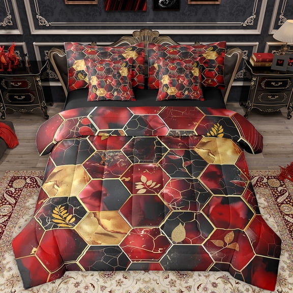 Feelyou Chic Fashion Honeycomb Bedding Comforter Set 7pcs, Black Red Abstract Ombre King Bedding Sets, Leaf Plant Botanical Reversible Bed Sheets, Lightweight Room Decor